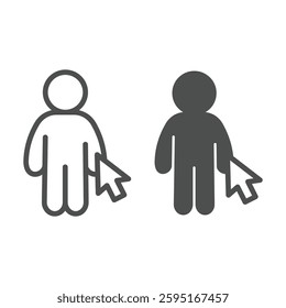 Human and mouse cursor line and solid icon, remote work concept. Vector graphics. Man, person with mouse pointer sign on white background, outline style icon for mobile or web design