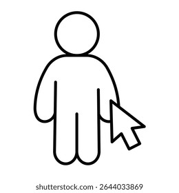 Human and mouse cursor thin line icon, remote work concept. Vector graphics. Man, person with mouse pointer sign on white background, style mobile or design