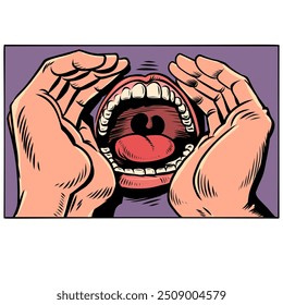 The human mouth close up screams very loudly. Pain through screaming. Difficult communication between people. Comic cartoon pop art retro vector illustration hand drawing