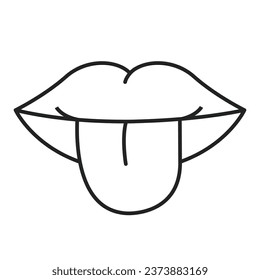 Human mouth icon with tongue hanging out, five human senses for taste in line art style, sticking tongue out vector illustration