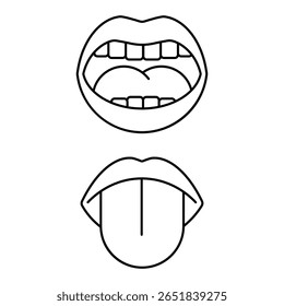 Human mouth open tongue teeth oral cavity anatomy part line icon vector illustration for medical dental healthcare biology education design.