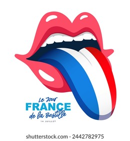 Human mouth with a protruding tongue in the colors of the flag of France. Bastille Day on July 14 - inscription in French. National holiday. Vector illustration on a white background.