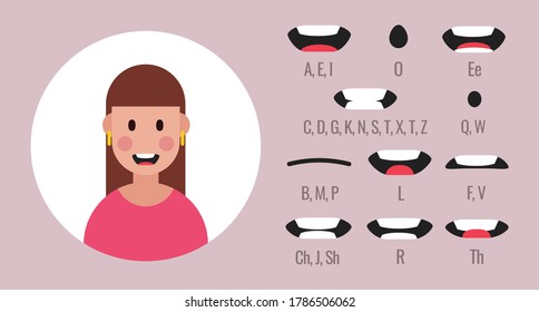 Human mouth set. Lip sync collection for animation and sound pronunciation. Female icon. Vector illustration.