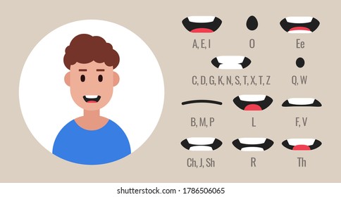Human mouth set. Lip sync collection for animation and sound pronunciation. Male icon. Vector illustration.
