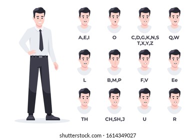 Human mouth set. Man, businessman lip sync collection for animation and sound pronunciation. Character face elements. Emotions, smiling. Simple cartoon design. Flat style vector illustration.