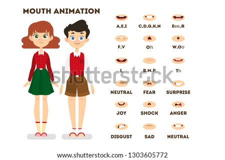 Human mouth set for speech animation. Lip movement for cartoon character. Various sound pronunciation and emotions. Girl and boy in school uniform. Isolated vector illustration in cartoon style