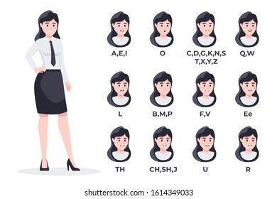 Human mouth set. Woman businesswoman lip sync collection for animation and sound pronunciation. Character face elements. Emotions, smiling. Simple cartoon design. Flat style vector illustration.