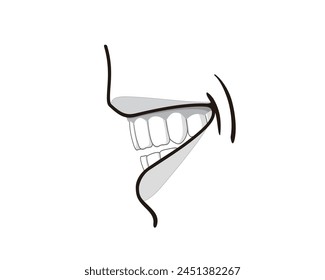 Boca humana en vista lateral sonriente Esquema Ilustración aislada, eps