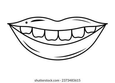 Human mouth with straight teeth in a smile. Linear doodle icon. Corrective Orthodontics. Dental care. 