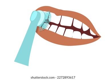 Human mouth and teeth, brushing with electric toothbrush.