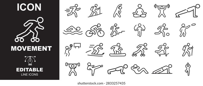 Human Movement Line Icon Set with Person Pose and Activity Vector Symbols