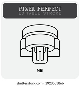 Human in MRI scanner thin line icon. Medical equipment for oncology detection. Pixel perfect, editable stroke. Vector illustration.