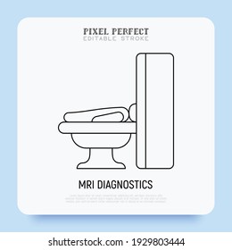 Human in MRI scanner thin line icon. Medical equipment for oncology detection. Pixel perfect, editable stroke. Vector illustration.