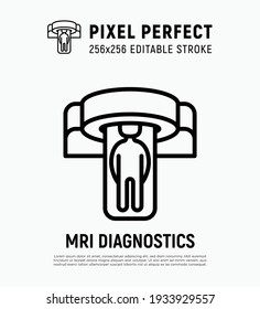 Human in MRI scanner thin line icon. Medical equipment for oncology detection. Pixel perfect, editable stroke. Vector illustration.