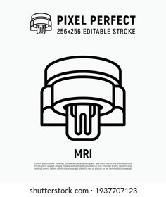 Human in MRI scanner thin line icon. Medical equipment for oncology detection. Pixel perfect, editable stroke. Vector illustration.