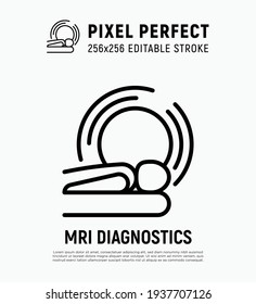 Human in MRI scanner thin line icon. Medical equipment for oncology detection. Pixel perfect, editable stroke. Vector illustration.