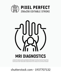 Icono de línea delgada del escáner de resonancia magnética humano. Equipo médico para la detección oncológica. Trazo perfecto y editable. Ilustración vectorial.