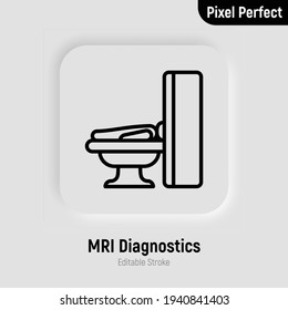 Human in MRI scanner thin line icon. Medical equipment for oncology detection. Pixel perfect, editable stroke. Vector illustration.