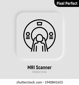 Icono de línea delgada del escáner de resonancia magnética humano. Equipo médico para la detección oncológica. Trazo perfecto y editable. Ilustración vectorial.