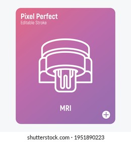 Human in MRI scanner thin line icon. Medical equipment for oncology detection. Pixel perfect, editable stroke. Vector illustration.