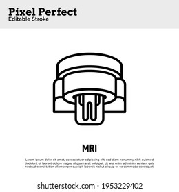 Human in MRI scanner thin line icon. Medical equipment for oncology detection. Pixel perfect, editable stroke. Vector illustration.