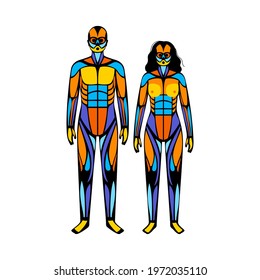 Human muscular system anatomical poster. Structure of muscle groups and ligaments of men and woman in front view. Arms, legs and chest. Workout and strong male and female body flat vector illustration