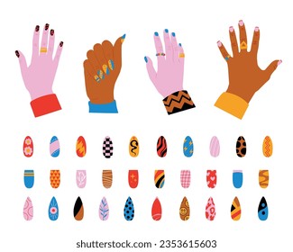 Human nails set. Fashion manicure icons colorful cartoon style, shiny fingernail polish and spa beauty concept. Vector isolated set. Glamour and elegant design for fingernails, female hands