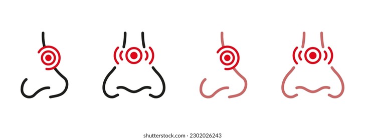 Human Nasal Problem. Runny Nose, Congestion Outline Pictogram Set. Allergy, Cold, Rhinitis Line Black Icons. Inflammation, Nasal Sick, Pain Symbol Collection. Isolated Vector Illustration.