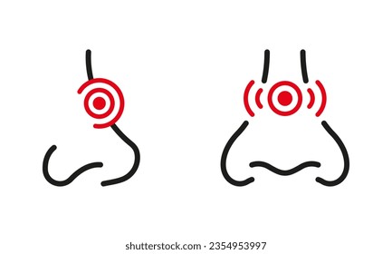 Problema nasal humano. Juego de pictogramas de contorno de congestión de la nariz rwandesa. Alergia, Frío, Iconos De Rinitis. Inflamación, Enfermedad Nasal, Colección Símbolo De Dolor. Ilustración de vectores aislados.