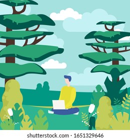 Ilustración vectorial plana humana y natural. Salida, ocio al aire libre, relajación. Joven con laptop sentada en la pradera, niño en el bosque, adolescente sin rostro personaje al estilo de caricatura
