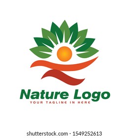 Human and nature, sun, leaf logo design inspiration