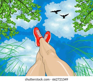 Humano en la naturaleza, vista desde abajo en los árboles y el cielo azul