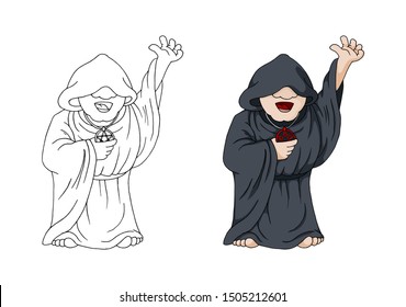 Human Necromancer or Warlock in Black Robe Cast Spell. Mystic Mage Cartoon Character Vector Illustration isolated on white. Colorful book page design for kids and children, sticker or game asset