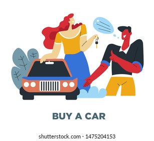 Necesidad humana, compra auto, pareja y vehículo, valor material vector. Transporte, propietario o amo de un hombre y mujer con llaves, propiedad. Bienestar, comodidad y riqueza, compra o compra, transporte