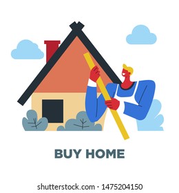 Human need, buy home, guy and house, sociology vector. Dwelling or building and owner or master, real estate and property. Wellbeing, material values and wealth, purchase or shopping, shelter