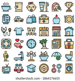 Human needs icons set. Outline set of human needs vector icons thin line color flat on white
