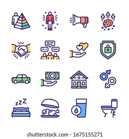 Human Needs Linear Color Icon Set. Maslow Pyramid Concept. Humanitarian, Peace, Justice, Human Rights, Belonging, Self Actualization. Hierarchy Of Needs.