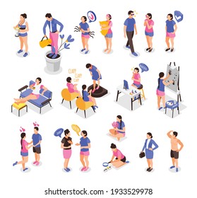 Human needs set of isometric icons with isolated human characters of people in various life situations vector illustration