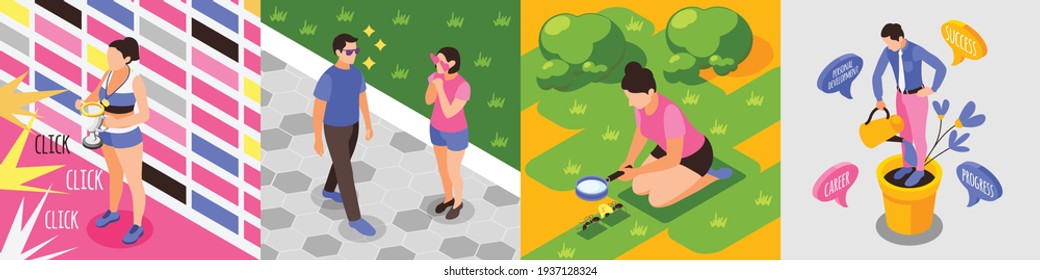 Human needs set of isometric icons with isolated human characters of people in various life situations vector illustration