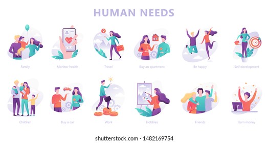Human needs set. Personal development and self-esteem, education and work, care for health. Isolated vector illustration in cartoon style