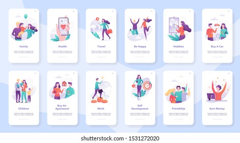 Human needs set. Personal development and self-esteem, education and work, care for health. Isolated vector illustration in cartoon style