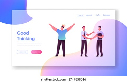 Plantilla de la Página Necesidades Humanas, Victoria De Líder Exitosa, Landing Business Meeting. Feliz hombre de corona en la cabeza se regocija con las manos arriba. El apretón de manos de personajes de negocios. Ilustración de vectores de personas de caricatura