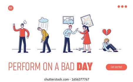 Human Negative Emotions Concept. Website Landing Page. Group Of Aggressive People Quarrel, Shout To Each Other, Complain And Grudge. Cartoon Linear Outline Flat Style. Vector Illustration