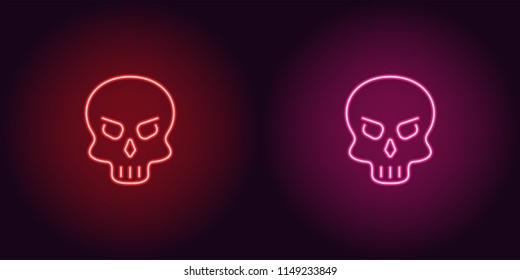 Human neon skull in red and pink color. Vector illustration icon of cartoon Skull in glowing neon style. Illuminated graphic element for decoration of Halloween holiday