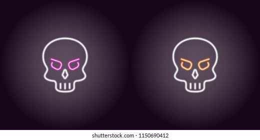 Human neon skull in white color. Vector illustration icon of cartoon Skull in glowing neon style. Illuminated graphic element for decoration of Halloween holiday