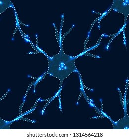 Human  nerve cell, neuron, with triangle, stars, dots. Low poly anatomy polygon design. Polygonal style illustration, medical design, study or concept, logo, scientific background, seamless pattern.