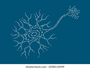 Human nerve cell organ electronic circuit board outline model. Isolated on blue background. Science medical technology concept. Vector EPS10 illustration.