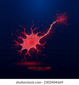 Human nerve cell red translucent low poly triangles on dark blue background. Futuristic glowing organ anatomy. Innovative technology. Health care medical and science concept. Vector EPS10.