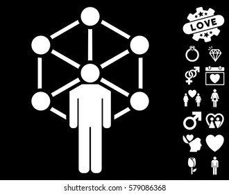 Human Network icon with bonus love clip art. Vector illustration style is flat iconic white symbols on black background.
