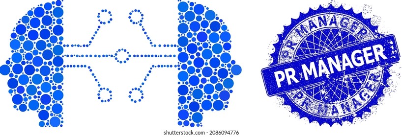 Human network links vector composition of small circles in different sizes and blue color shades, and grunge Pr Manager seal. Blue round sharp rosette seal contains Pr Manager tag inside.